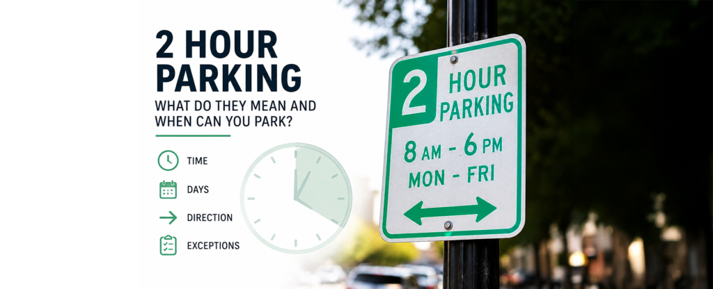 2 hour parking sign showing an 8 AM to 6 PM weekday time limit and directional arrows.