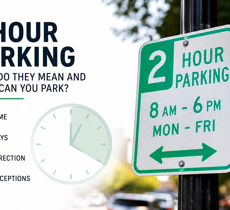 2 hour parking sign showing an 8 AM to 6 PM weekday time limit and directional arrows.