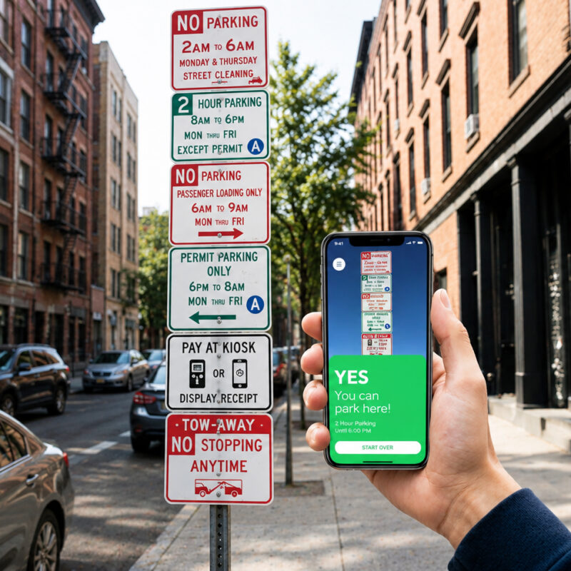 ParkClear app shows “Yes, you can park here” beside multiple confusing street parking signs with time limits, permit rules, street cleaning, and parking restrictions.