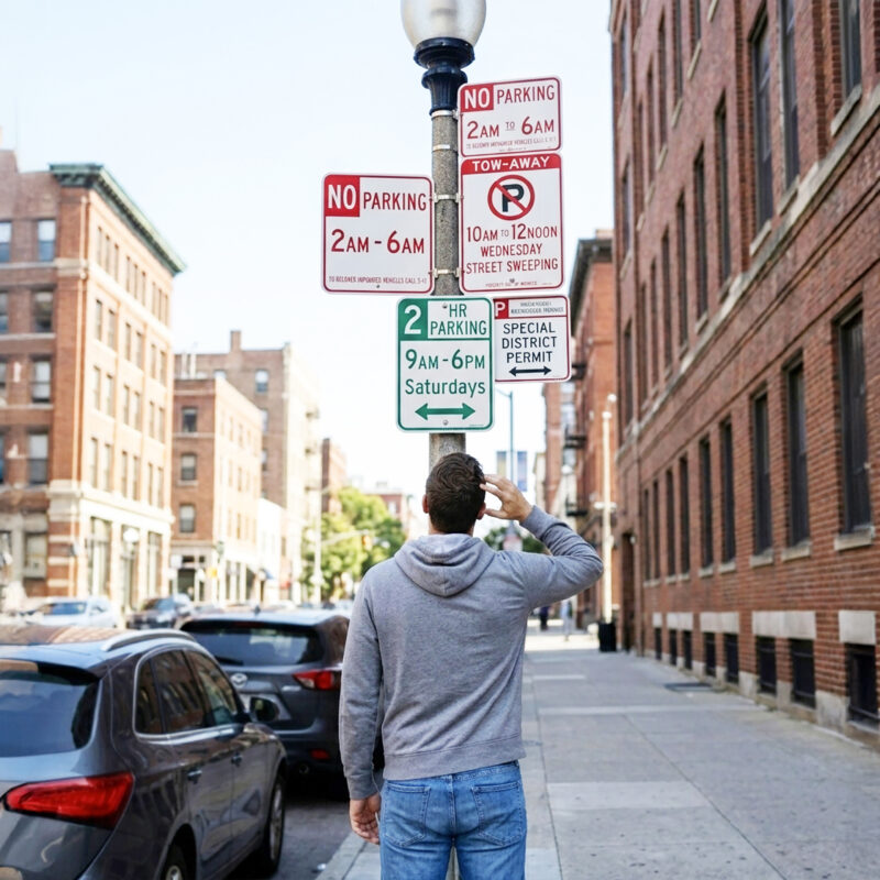 Multiple parking signs on one pole showing overlapping parking rules, time limits, arrows, and restrictions.