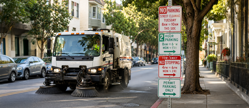 Street sweeper driving past street cleaning parking signs with posted days, times, arrows, and parking restrictions.
