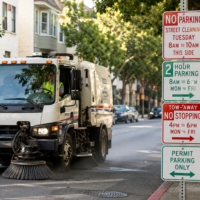 Street sweeper driving past street cleaning parking signs with posted days, times, arrows, and parking restrictions.