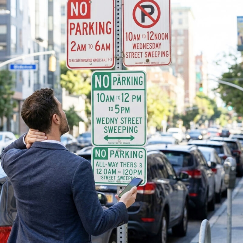 Driver checking confusing street parking signs to determine if parking is allowed