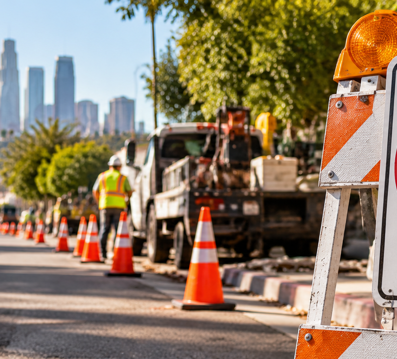 Temporary no parking signs with construction zone