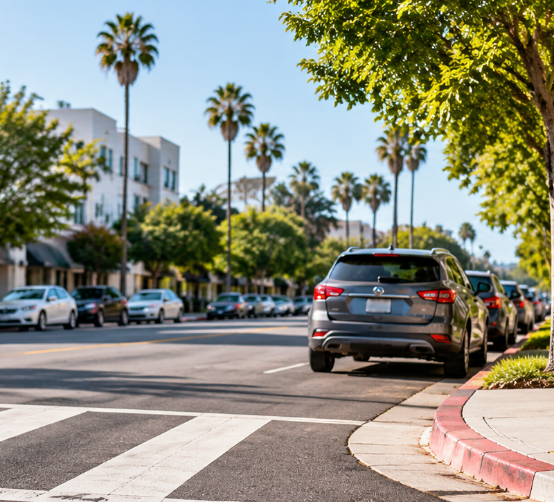 Stop sign at a street intersection with parked cars