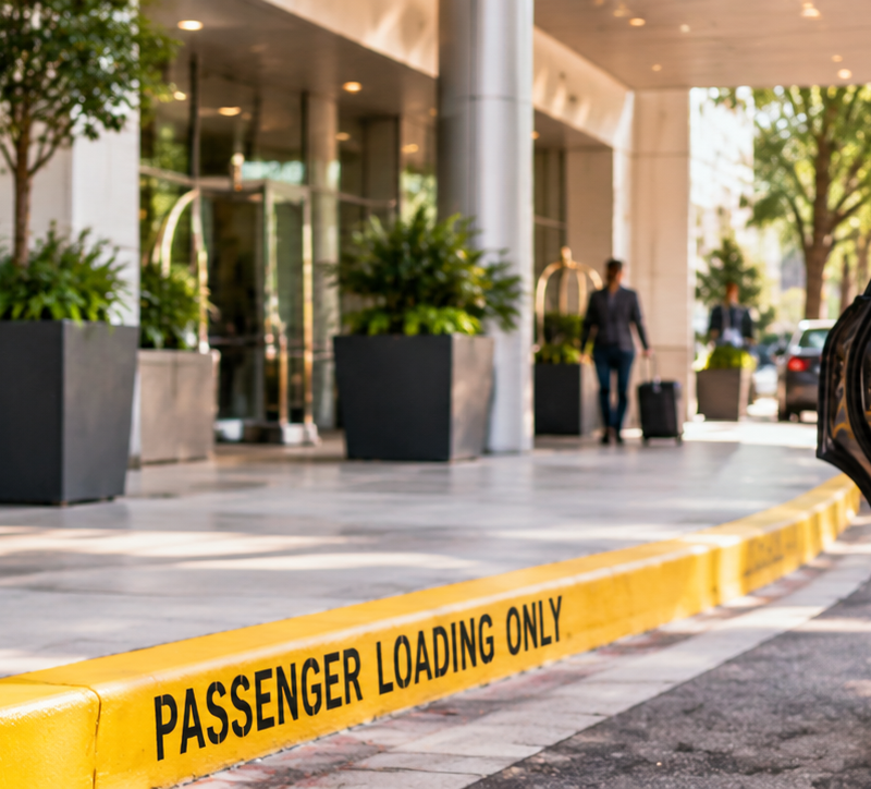 Passenger loading zone sign with vehicle picking up passengers