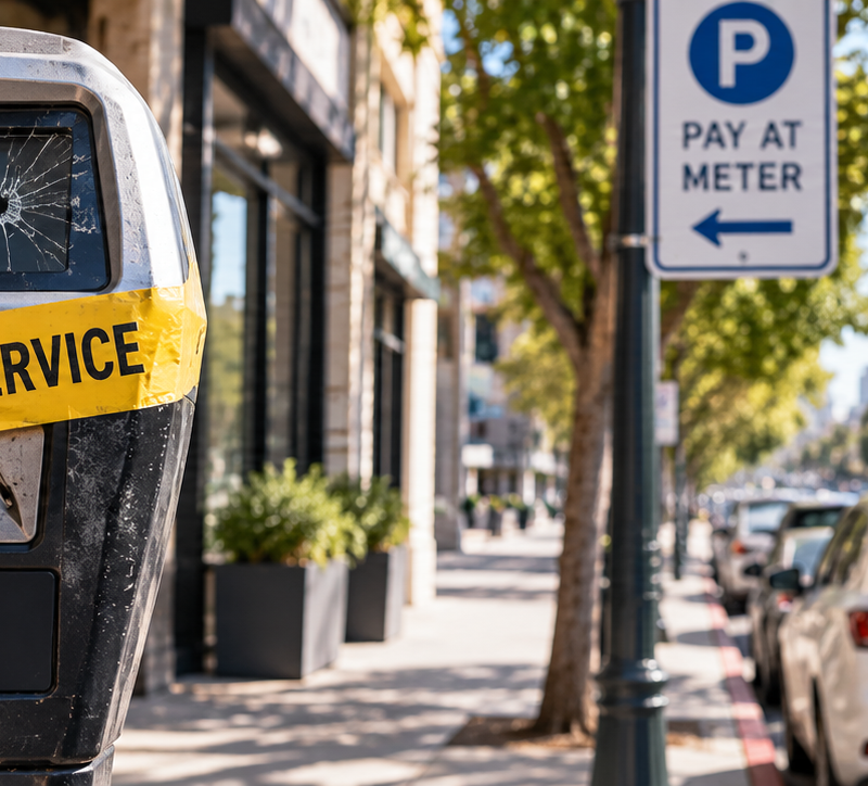Broken parking meter marked out of service