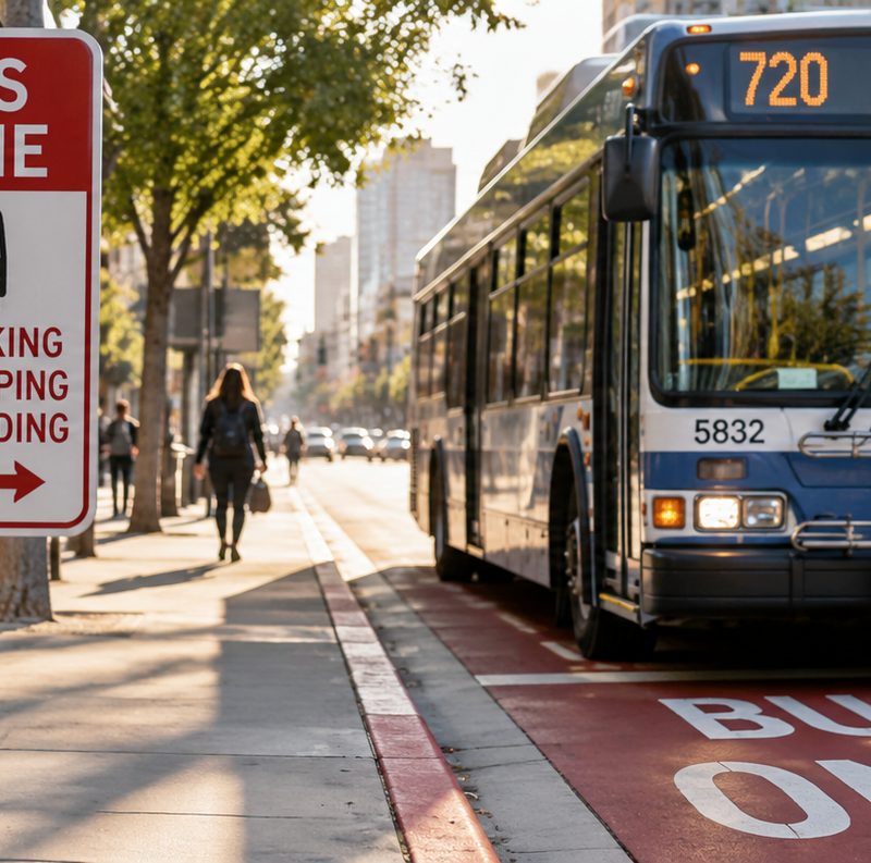 Bus zone parking rules sign next to a city bus