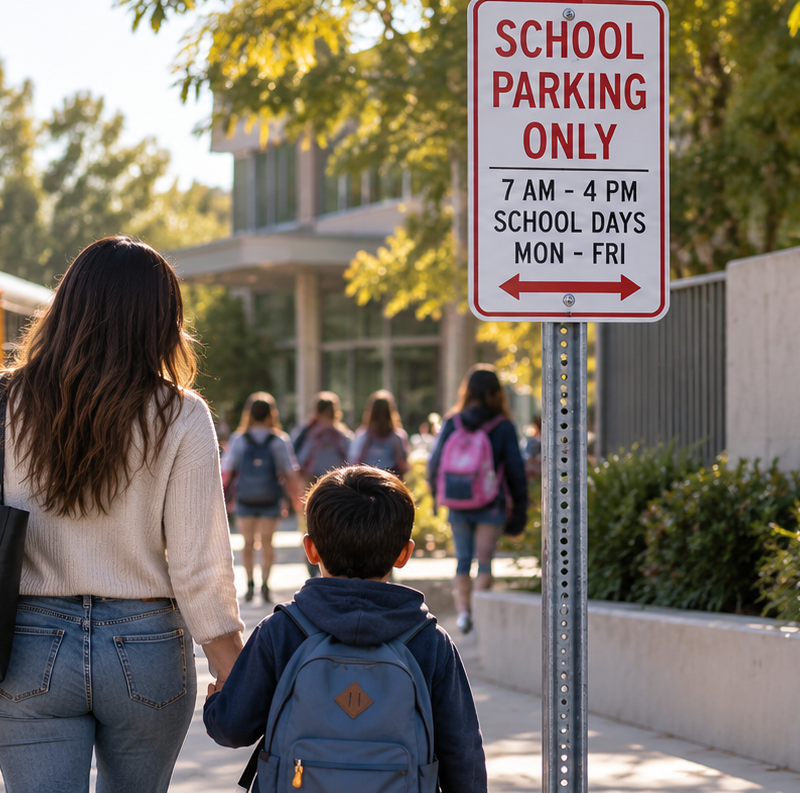 Parent and child walking near a school drop-off and parking zone