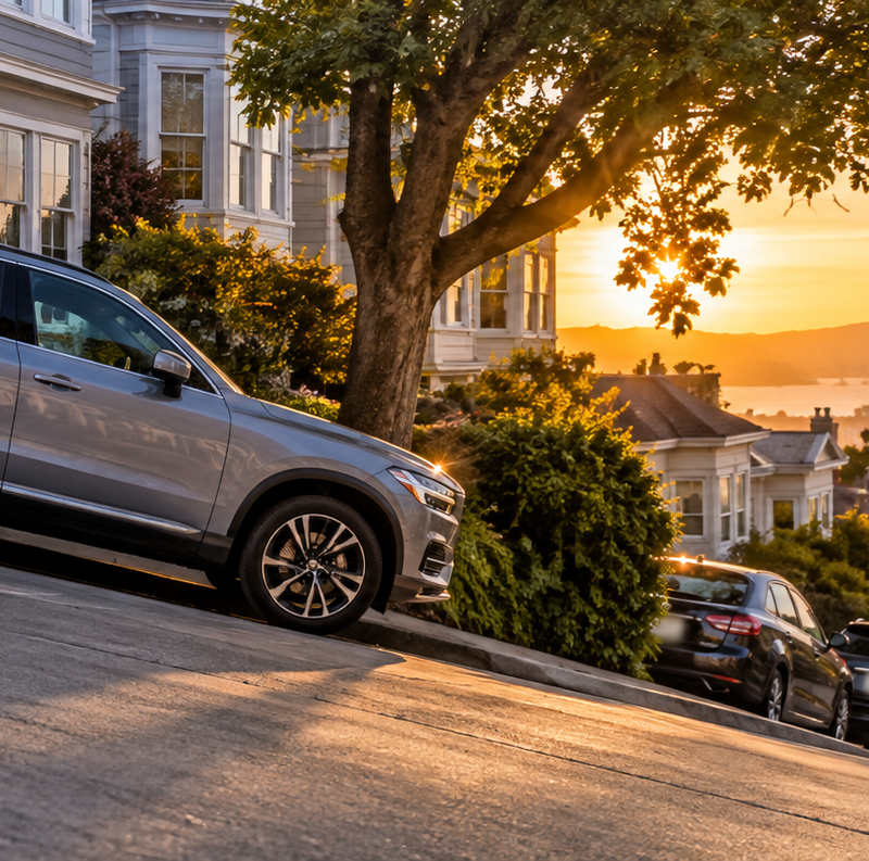 Car parked on a steep hill showing proper hill parking position