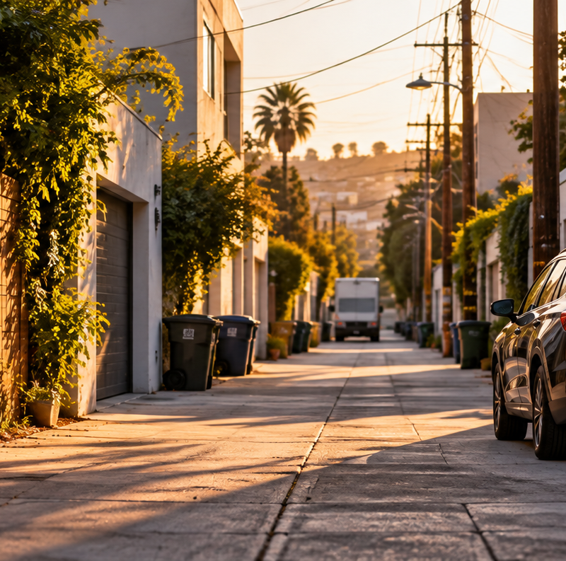 Car parked in a residential alley with garages and limited access