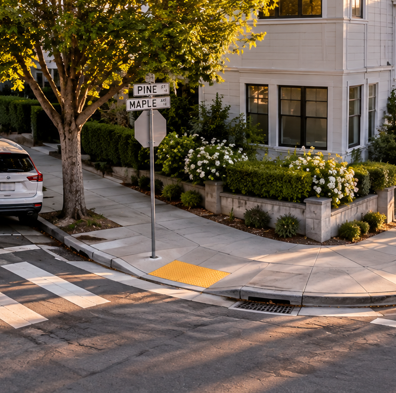 Parked cars near a street corner with crosswalks and an intersection