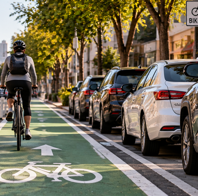 Cyclist riding in a protected bike lane beside parked cars