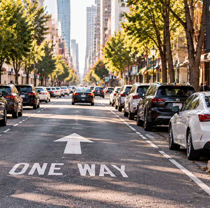 Cars parked on both sides of a one-way city street