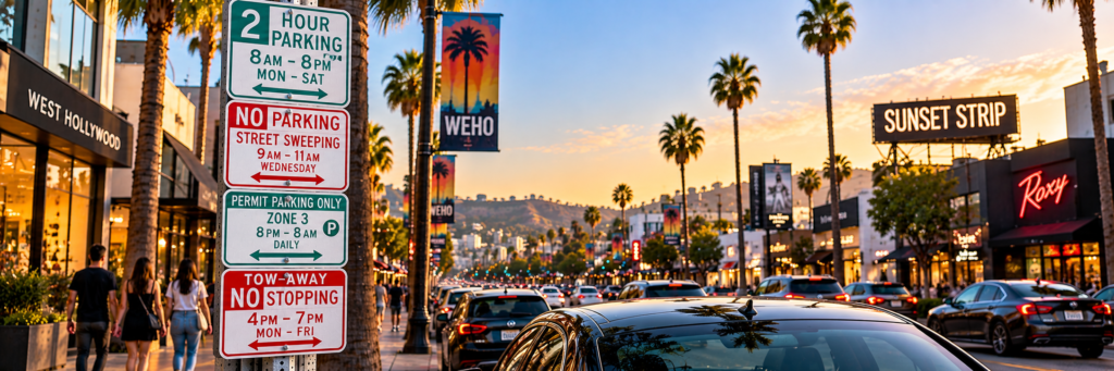West Hollywood street parking signs with multiple restrictions on the Sunset Strip