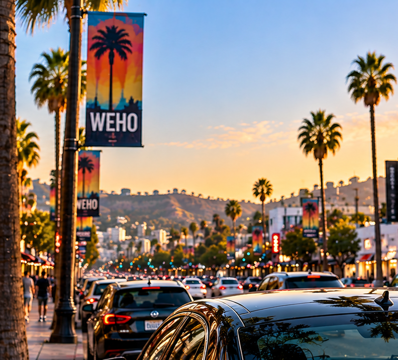 West Hollywood street parking signs with multiple restrictions on the Sunset Strip