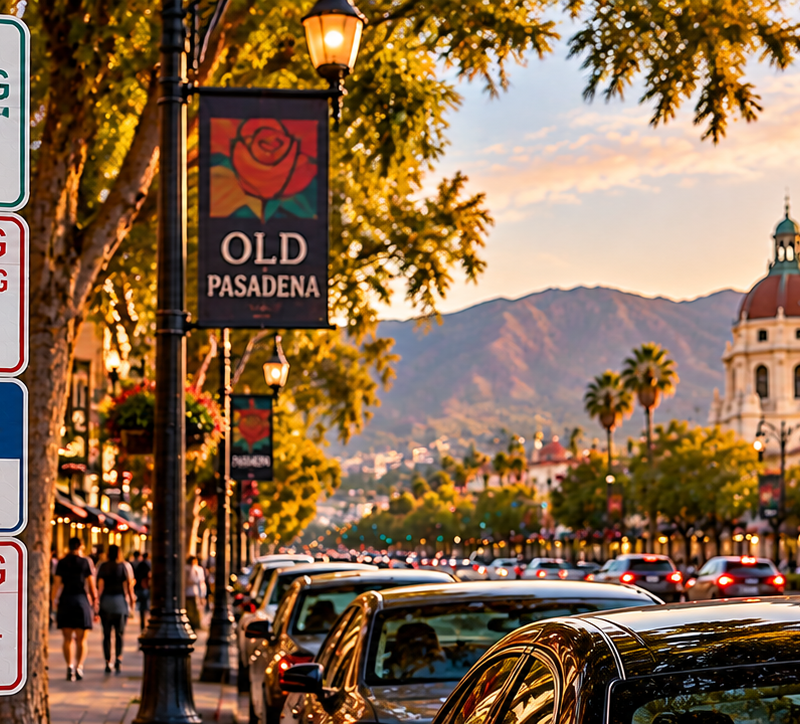 Pasadena street parking signs with multiple restrictions in Old Pasadena
