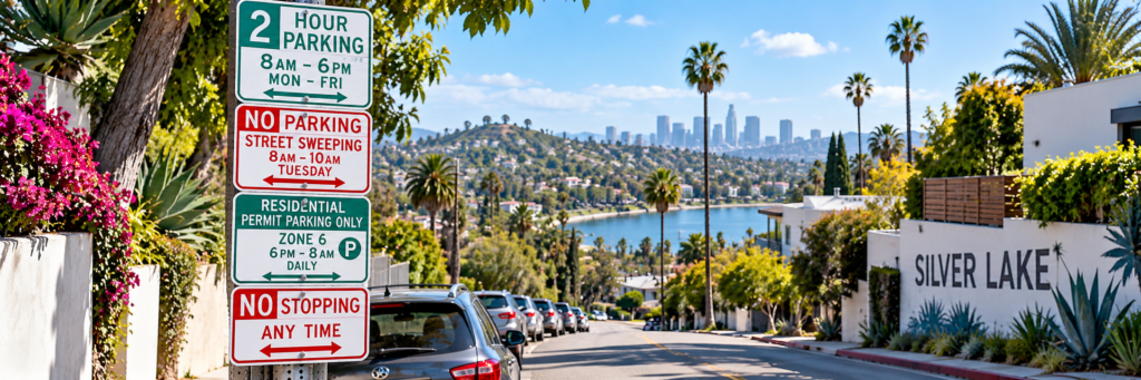 Silver Lake street parking signs with multiple restrictions on a hillside street in Los Angeles