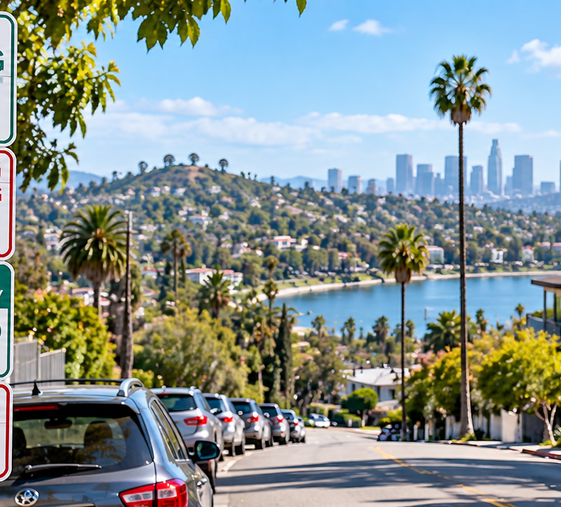 Silver Lake street parking signs with multiple restrictions on a hillside street in Los Angeles