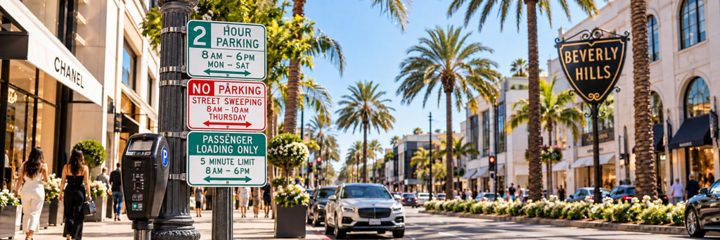 Beverly Hills street parking signs and meter on Rodeo Drive