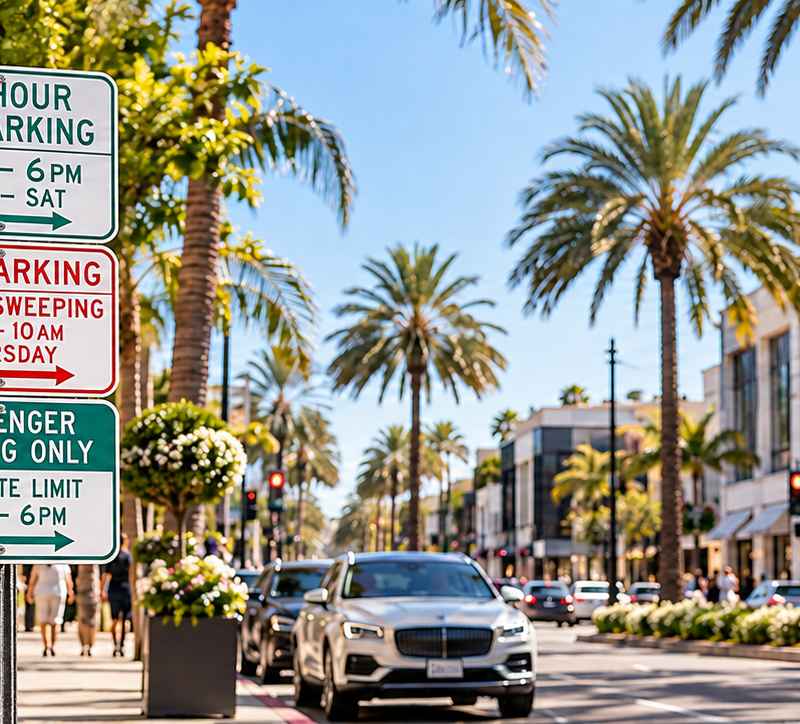 Beverly Hills street parking signs and meter on Rodeo Drive