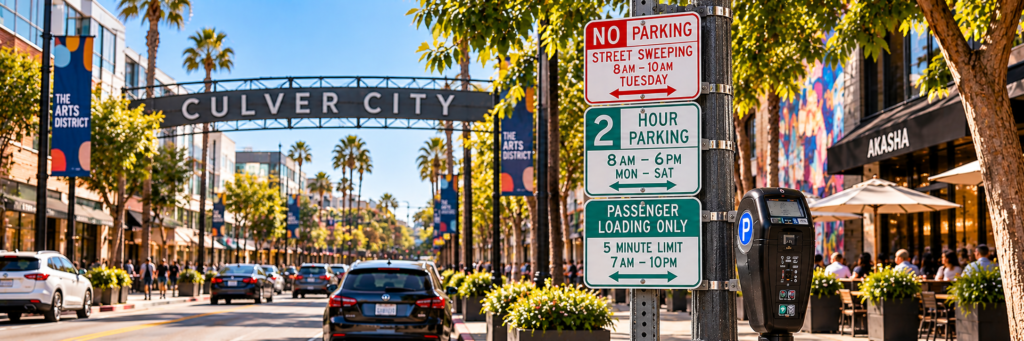 Culver City street parking signs with multiple restrictions in the Arts District