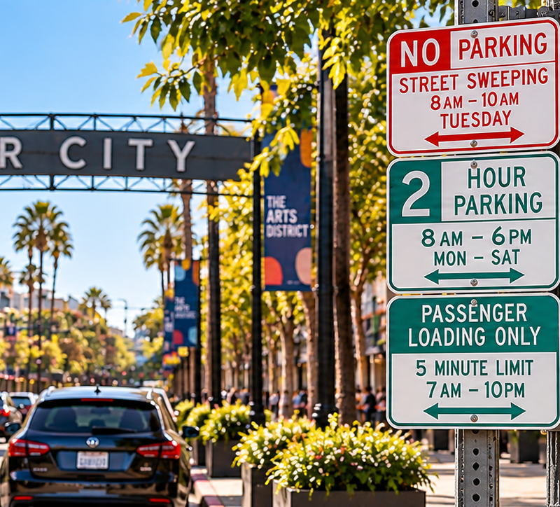 Culver City street parking signs with multiple restrictions in the Arts District