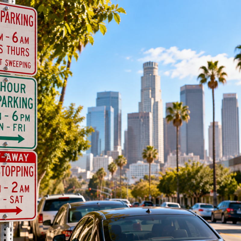 Los Angeles street parking signs with Downtown LA skyline
