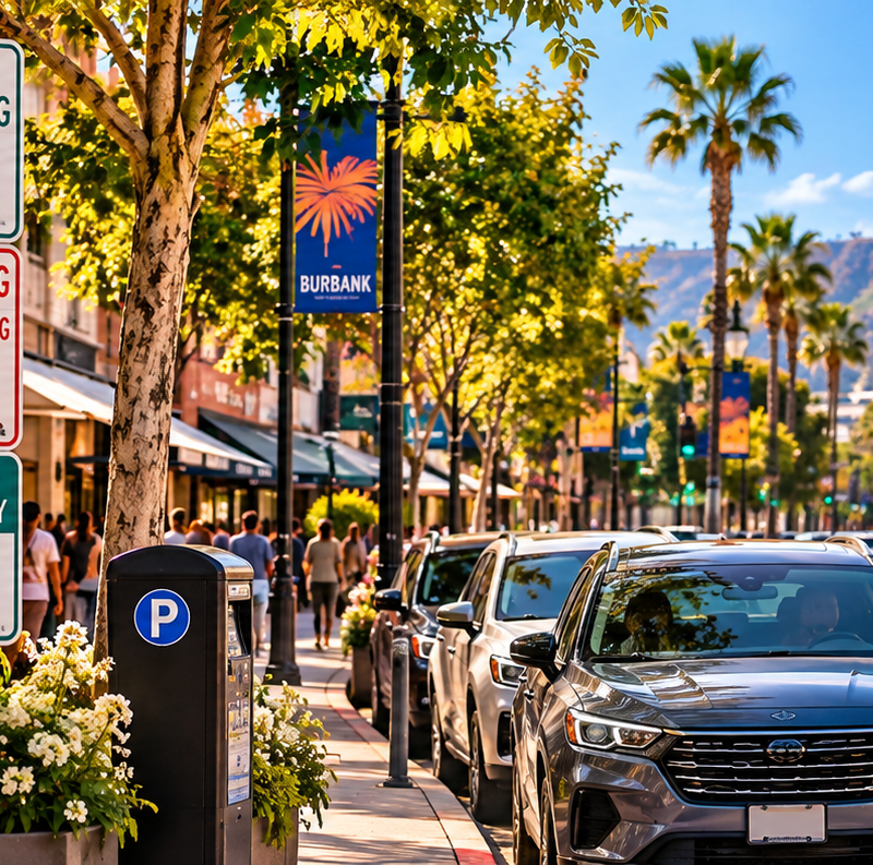 Burbank street parking signs and pedestrians in Downtown Burbank