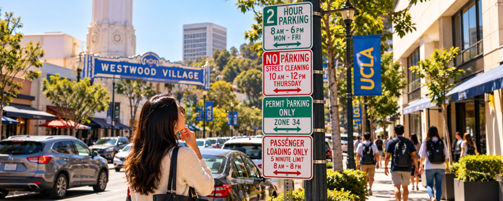 Woman reading confusing stacked parking signs in Westwood near UCLA