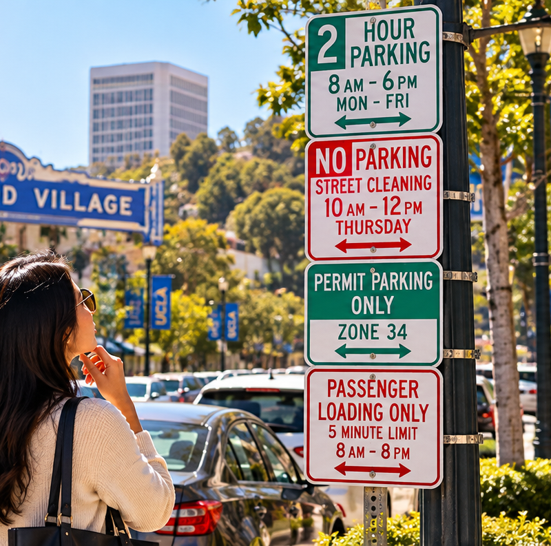 Woman reading confusing stacked parking signs in Westwood near UCLA