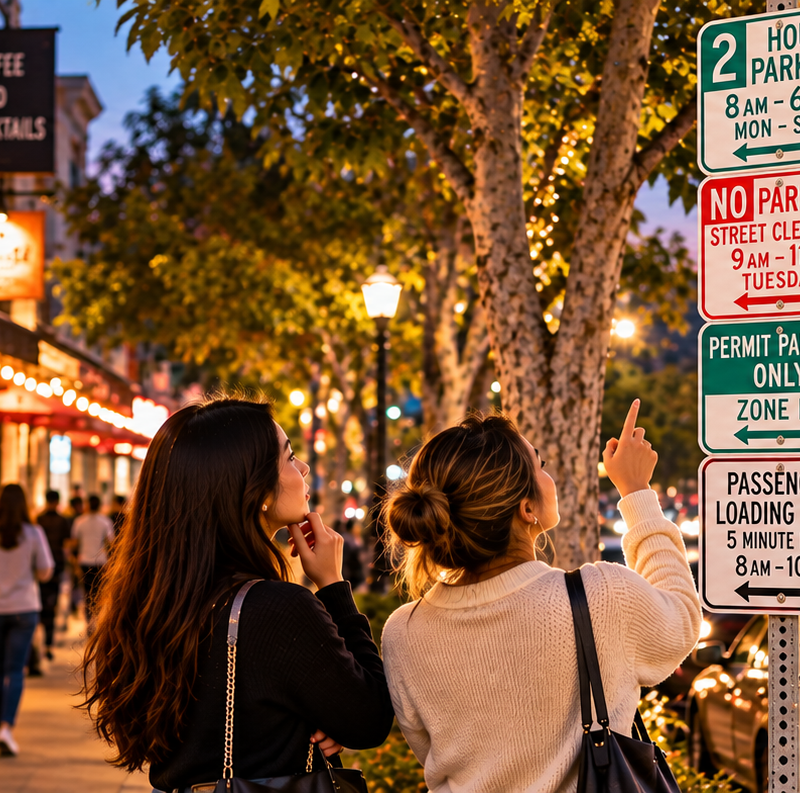 Two women reading confusing stacked parking signs on a busy Highland Park street in Los Angeles