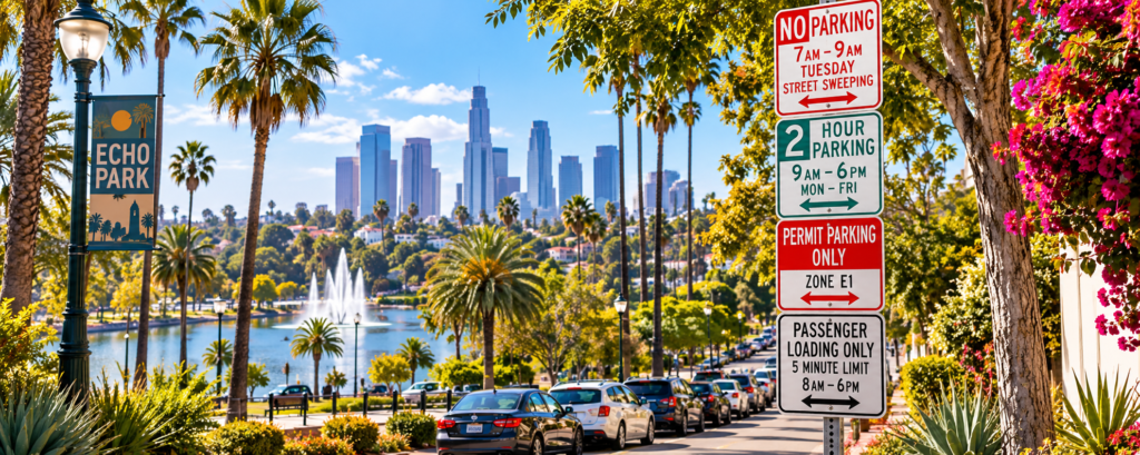 Echo Park street parking signs overlooking Echo Park Lake and the Downtown Los Angeles skyline