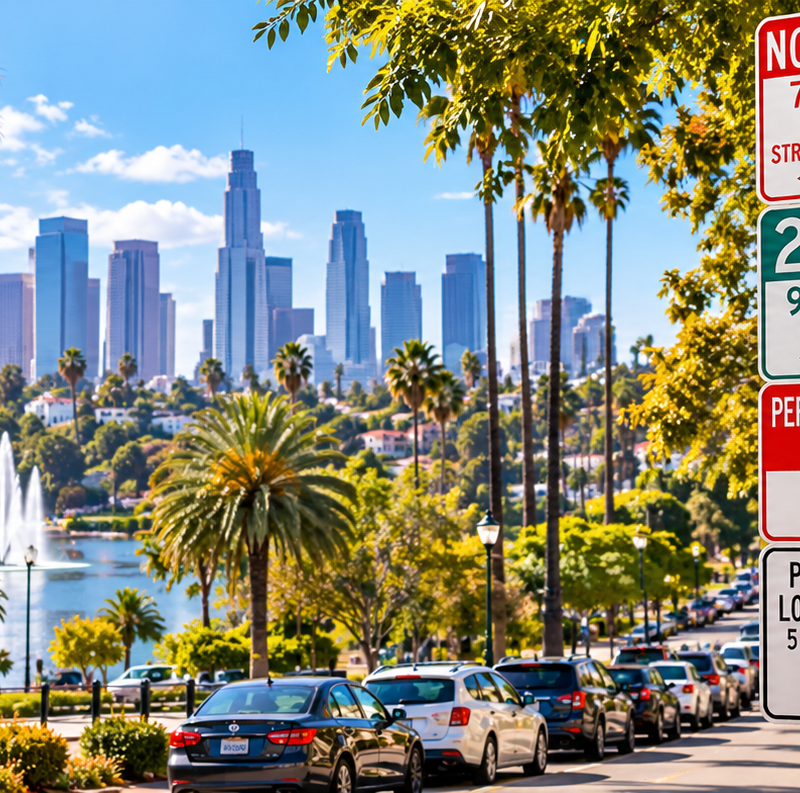 Echo Park street parking signs overlooking Echo Park Lake and the Downtown Los Angeles skyline