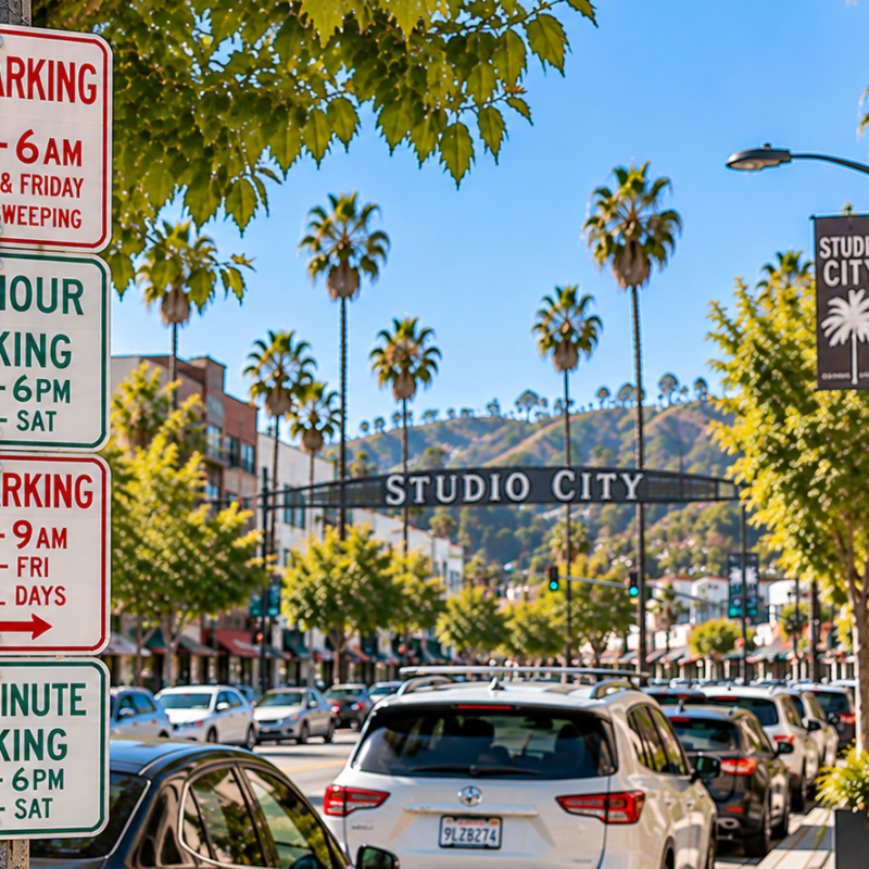 Studio City street parking signs showing street sweeping, two-hour parking, turning restrictions and tow-away rules along Ventura Boulevard.
